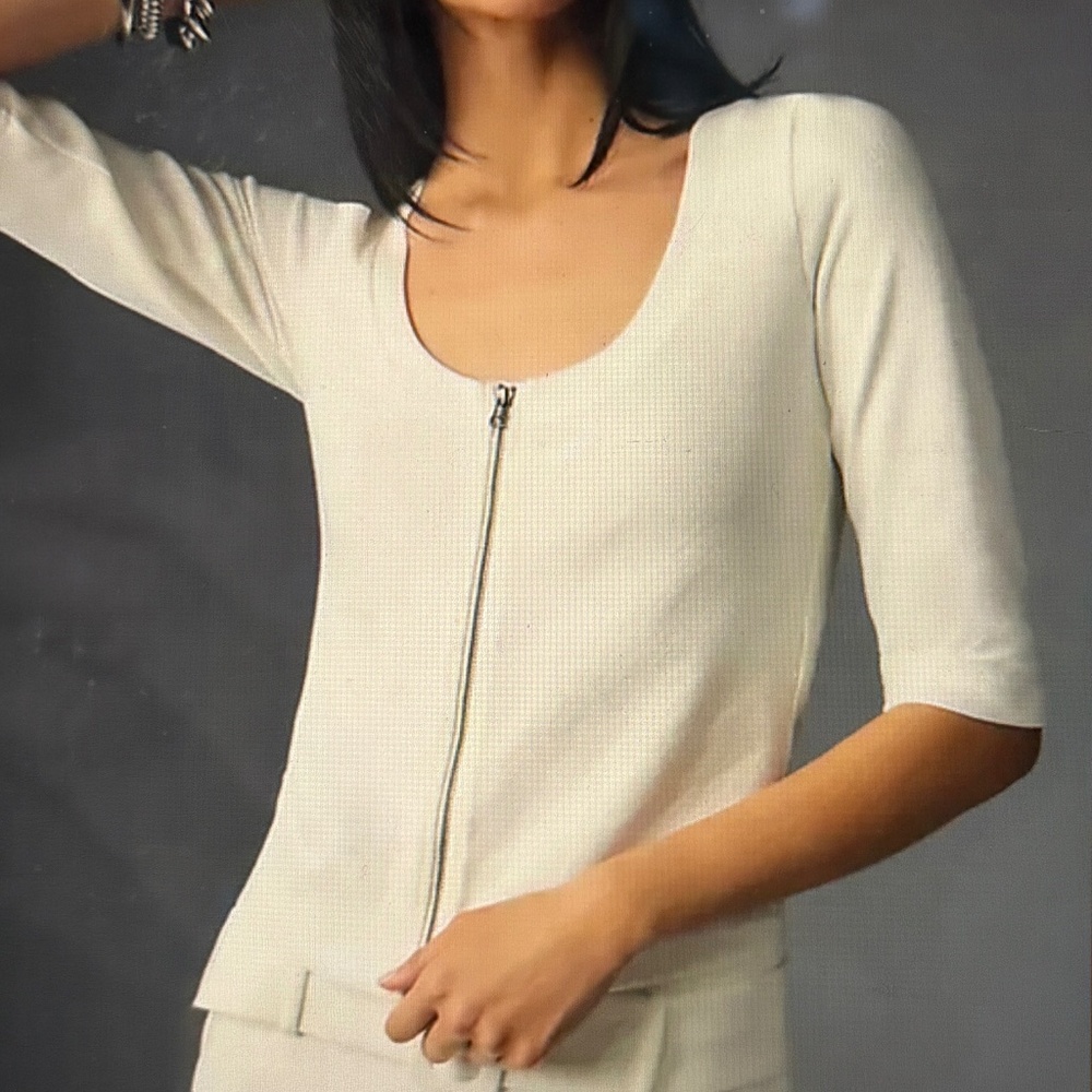 NWT - Maeve Anthropologie White Front Zip Scoop Neck Elbow Sleeve Top Size M